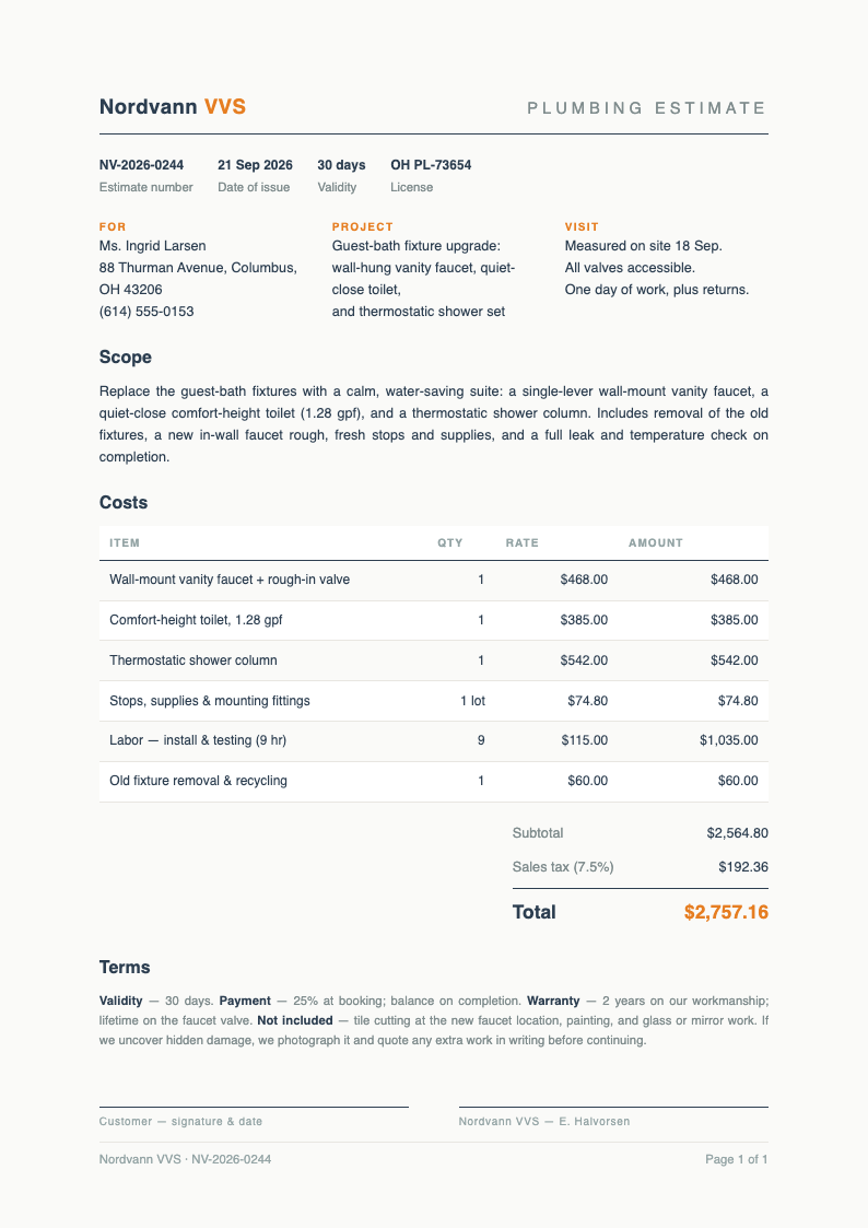 Nordic scandi clean plumbing estimate